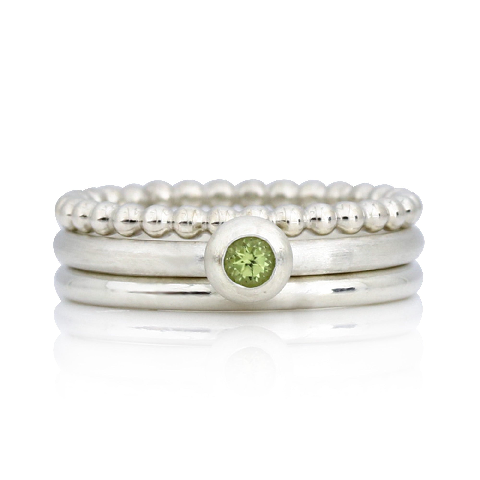 3 Silberringe im Set: Kugelring, Peridotring, polierter Ring